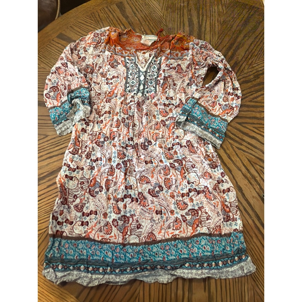 Flying Tomato Women Orange Teal Paisley Floral Boho Mini Dress Medium ID13764